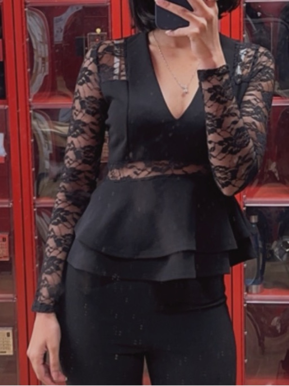 Black Lace Sleeve Peplum Top